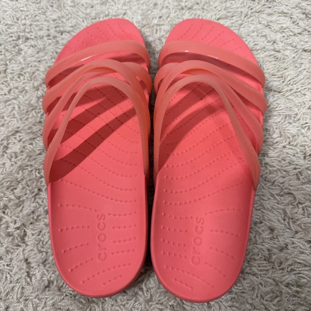 Crocs Women's Splash Glossy Strappy Neon Watermelon Slip On Sandals Slide Size 8